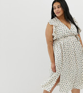 Vestido Midi Escotado Con Volantes En Los Hombros Y Estampado De Lunares Borrosos De Glamorous