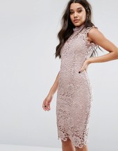 Vestido Midi De Encaje Con Cuello Alto En Marrón De Paper Dolls