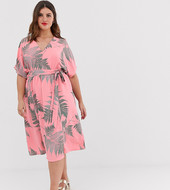 Vestido De Tarde Midi Con Lazada En La Cintura Y Estampado De Palmeras De Glamorous Curve