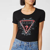 Guess Women's Short Sleeve Roses T-shirt - Jet Black - Xs - Black