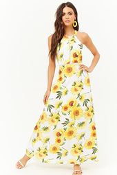 Open-back Sunflower Print Maxi Dress