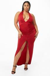 Plus Size Ruched Halter Maxi Dress