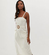Vestido De Verano Midi De Lino Con Cuello Cuadrado Y Hebilla De Madera Y Pespuntes En Contraste De Asos Design Tall