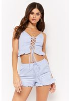 Striped Ruffle-hem Lace-up Cropped Cami & Shorts Set