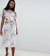 Vestido De Tarde Midi De Malla Con Estampado De Flores Y Detalle De Aberturas De Asos Design Tall