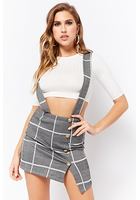 Ribbed Top & Plaid Suspender Skirt Set