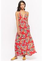 Tropical Floral Plunging Halter Maxi Dress