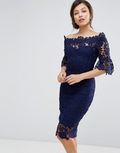 Vestido De Croché Con Escote Bardot Y Detalle De Volante En La Manga En Azul Marino De Paper Dolls