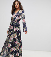Vestido Largo Cruzado De Manga Larga Con Estampado Floral Azul Marino De Asos Design Tall