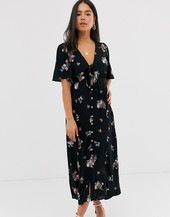 Vestido Abotonado Con Estampado Floral Y Lazo En La Parte Delantera De New Look