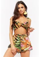 Reverse Sheer Floral Tie-front Crop Top & Ruffle-hem Shorts Set