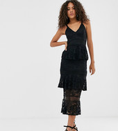 Vestido Negro Midi Con Diseño Escalonado De Encaje De Little Mistress Tall