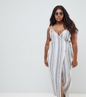 Vestido De Playa Largo Con Diseño Tejido Y Cruzado De Pico Y Estampado A Rayas De Asos Design Curve