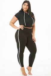 Plus Size Striped-trim Hooded Crop Top & Leggings Set