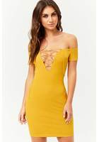 Ribbed Off-the-shoulder Lace-up Bodycon Dress