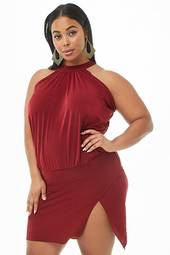 Plus Size Shirred Halter Mini Dress