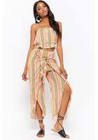 Crinkled Striped Cropped Tube Top & Tie-front Split Leg Pants Set