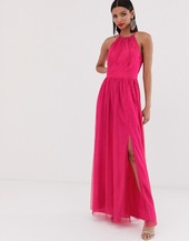 Vestido Largo Plisado Con Cuello Fruncido En Fucsia De Little Mistress