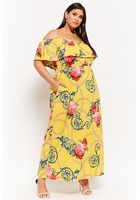 Plus Size Floral Chain Print Off-the-shoulder Maxi Dress