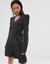 Minivestido De Manga Abullonada Con Diseño Cruzado Y Estampado A Cuadros Denice De Gestuz