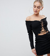 Vestido Negro Ajustado Con Cordones Y Escote Bardot De Missguided Petite