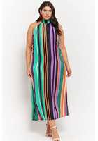 Plus Size Chiffon Multicolor Striped Halter Maxi Dress