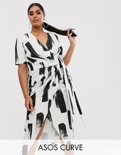 Vestido Cruzado Con Estampado De Manchas Monocromático De Asos Design Curve