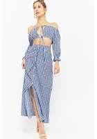 Gingham Off-the-shoulder Crop Top & Button-front Maxi Skirt Set