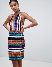 Vestido Ajustado Con Cuello Subido A Rayas De Lentejuelas Multicolor De Tfnc